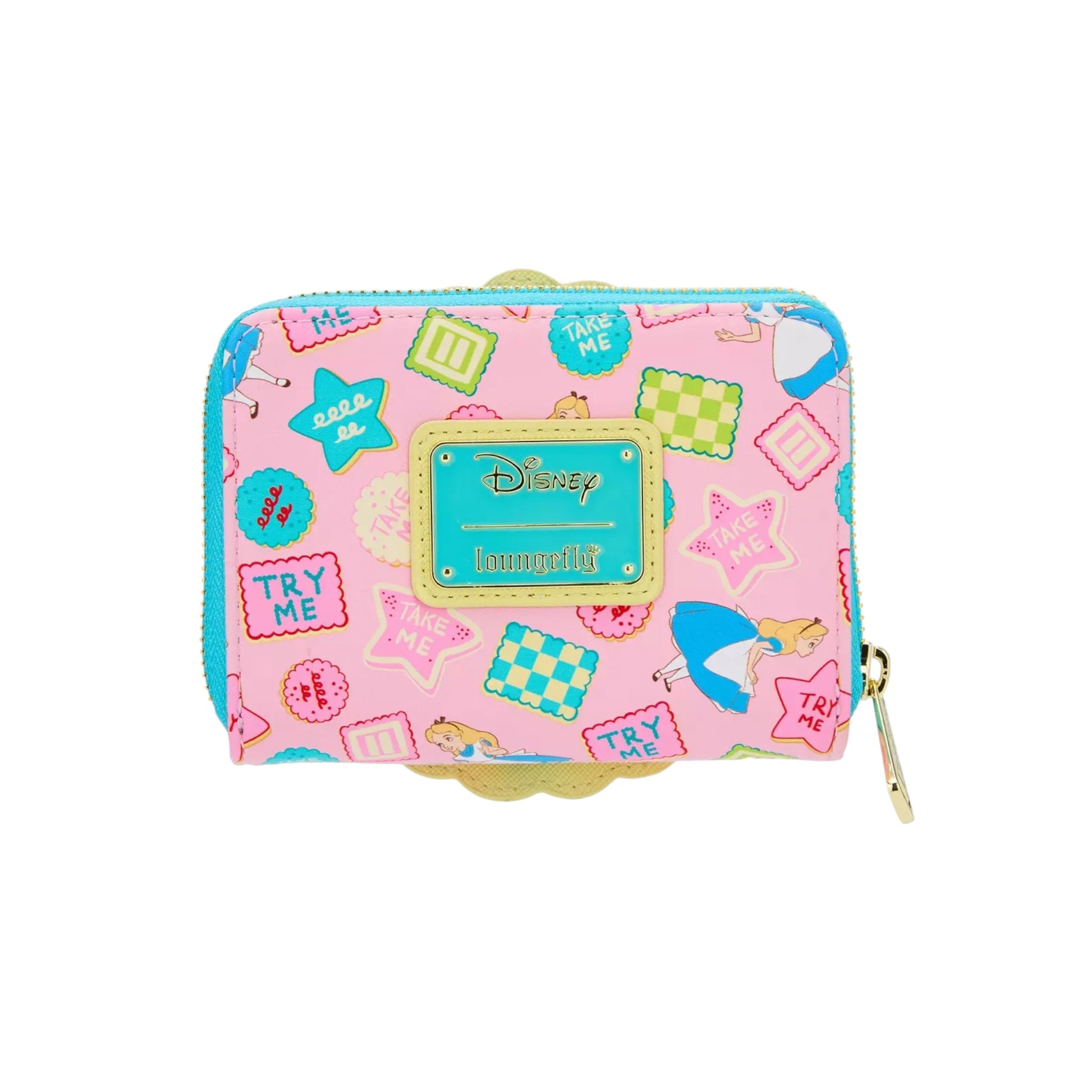Pink Alice in Wonderland Take Me Cookies wallet with colorful patterns and Disney branding on a white background