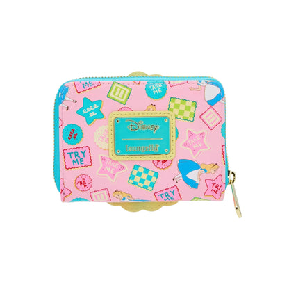 Pink Alice in Wonderland Take Me Cookies wallet with colorful patterns and Disney branding on a white background
