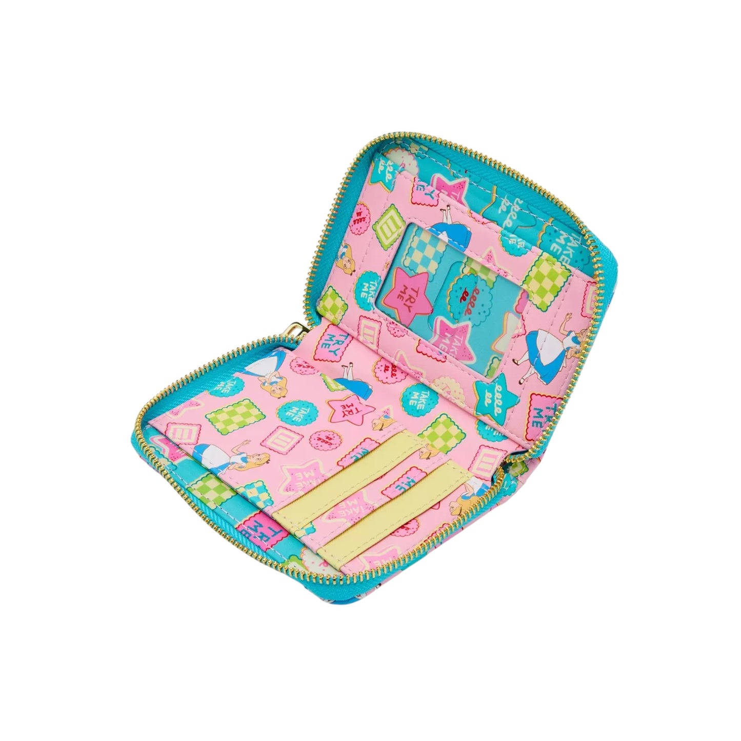 Colorful inside of wallet with alice in in wonderland designs on a white background