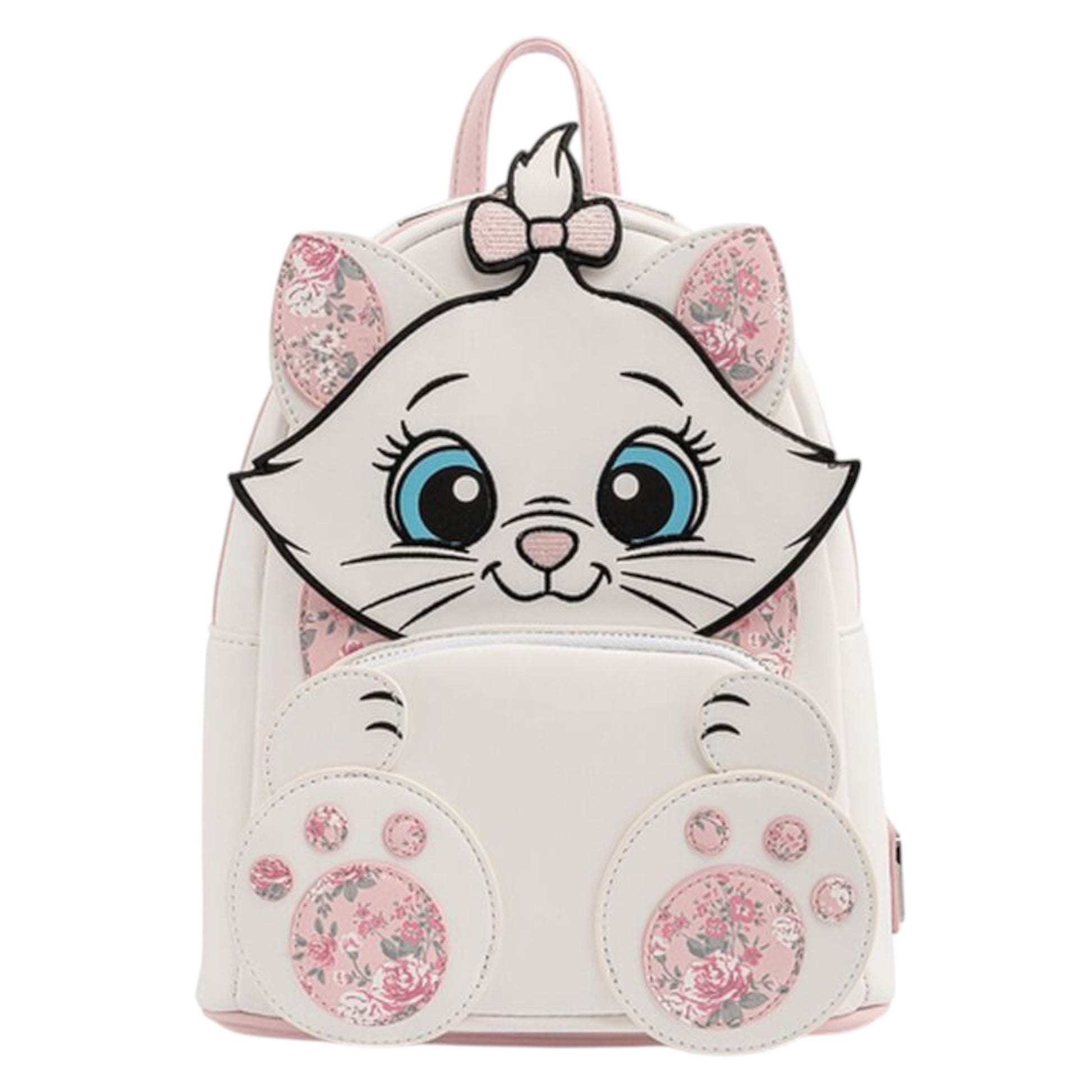 Loungefly Disney Aristocats Marie Floral Footsy Mini Backpack with Marie character face and paws on a white background