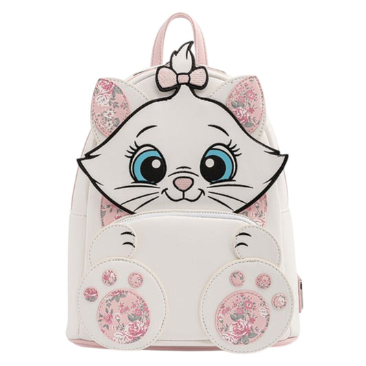 Loungefly Disney Aristocats Marie Floral Footsy Mini Backpack with Marie character face and paws on a white background