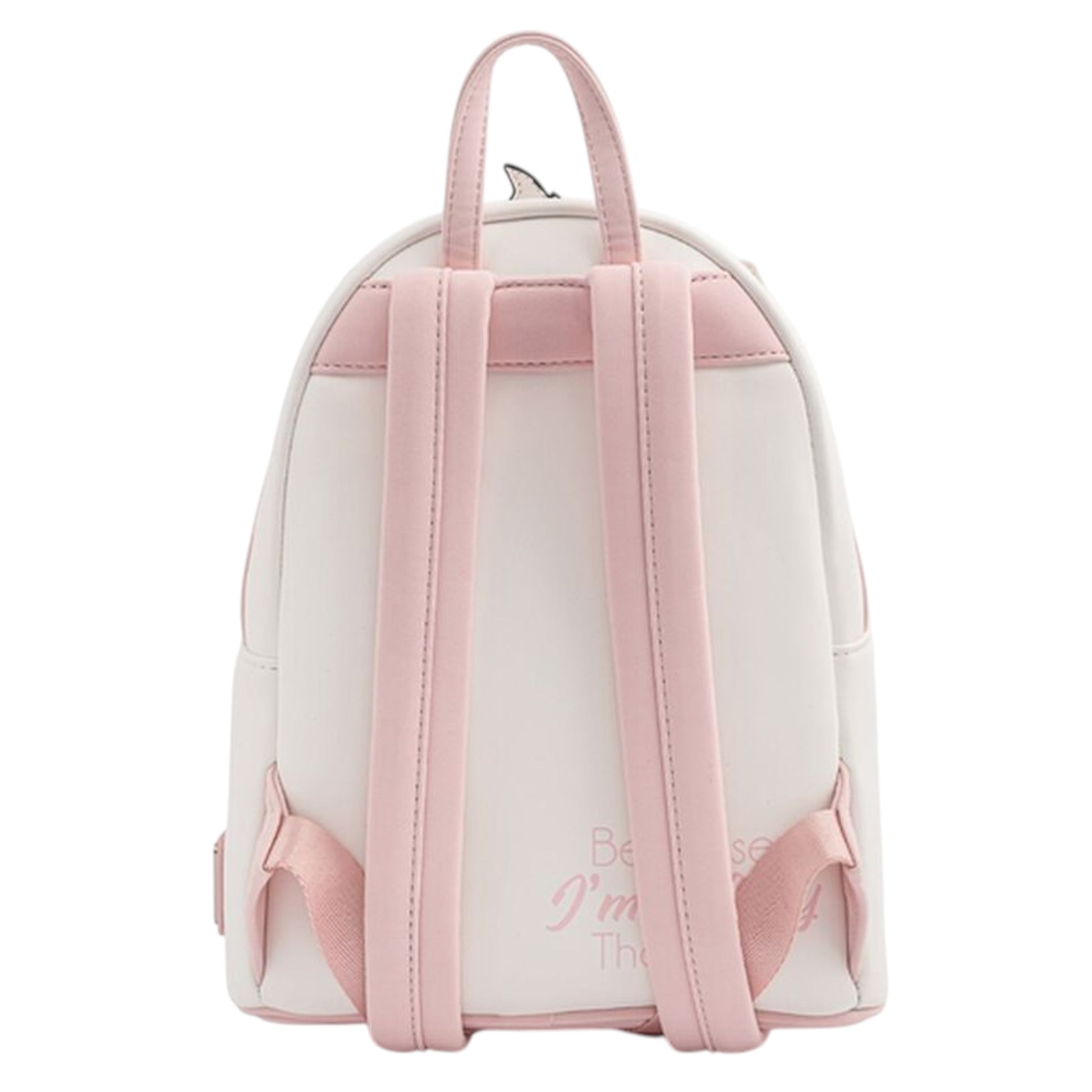 Back of Loungefly Disney Aristocats Marie Floral Footsy Mini Backpack with pink straps on a white background