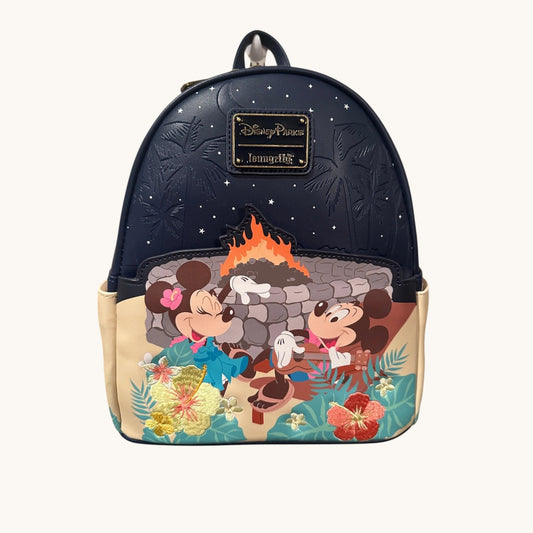 Aulani Resort Exclusive Mickey and Minnie Mouse Firepit Backpack with Mickey and Minnie sitting around a fire on a white background