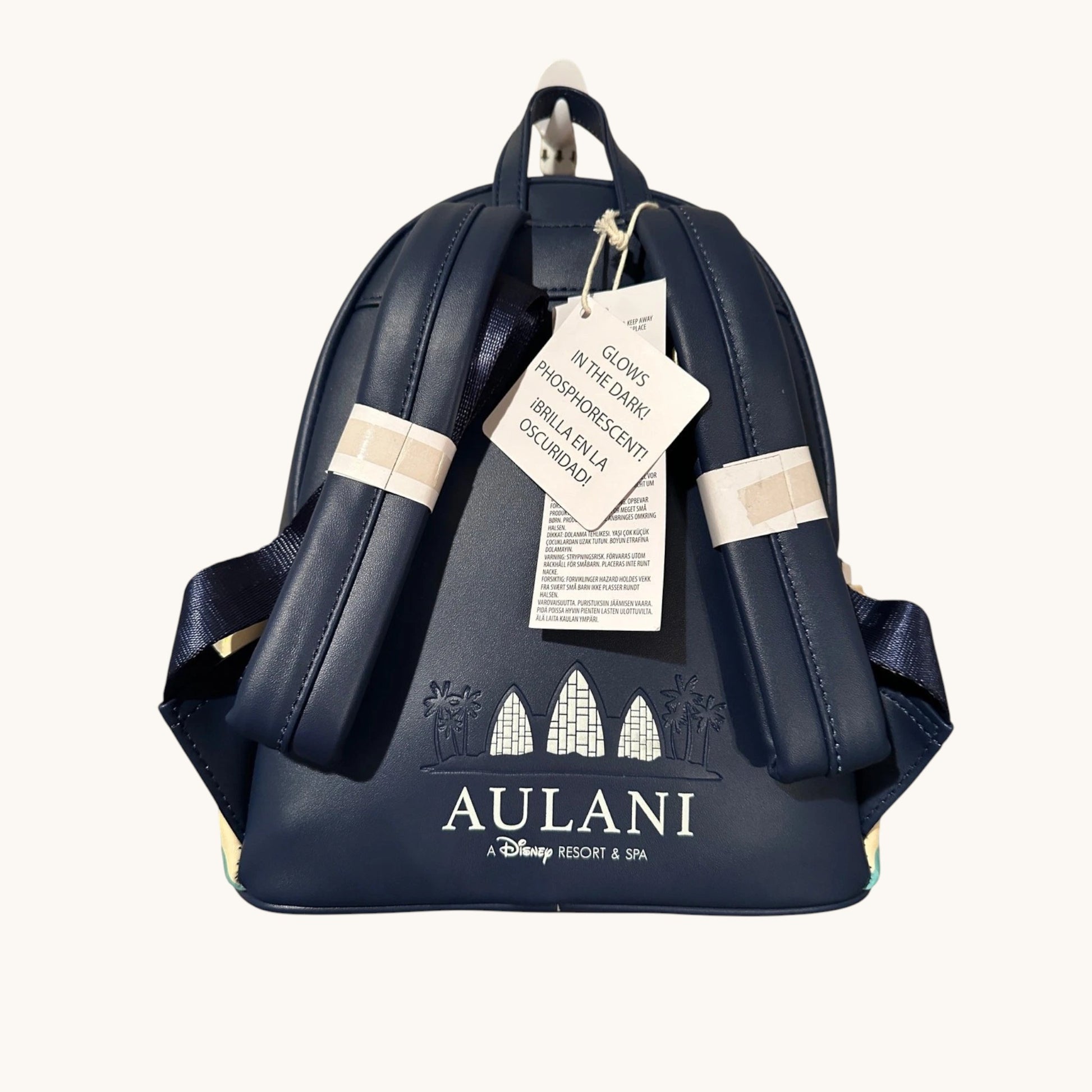 Navy blue Aulani Resort Exclusive Mickey and Minnie Mouse Firepit with 'Aulani' branding and a tag on a white background