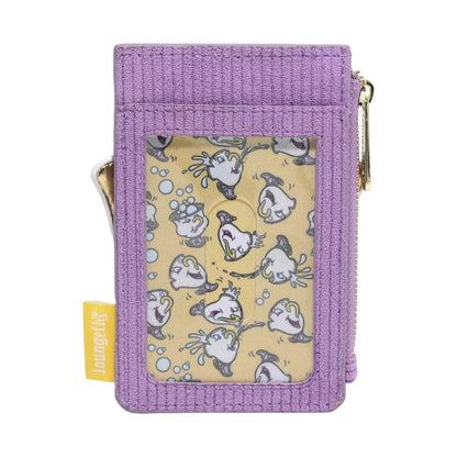 Purple card holder wallet with Chip pattern on a yellow label against a white background