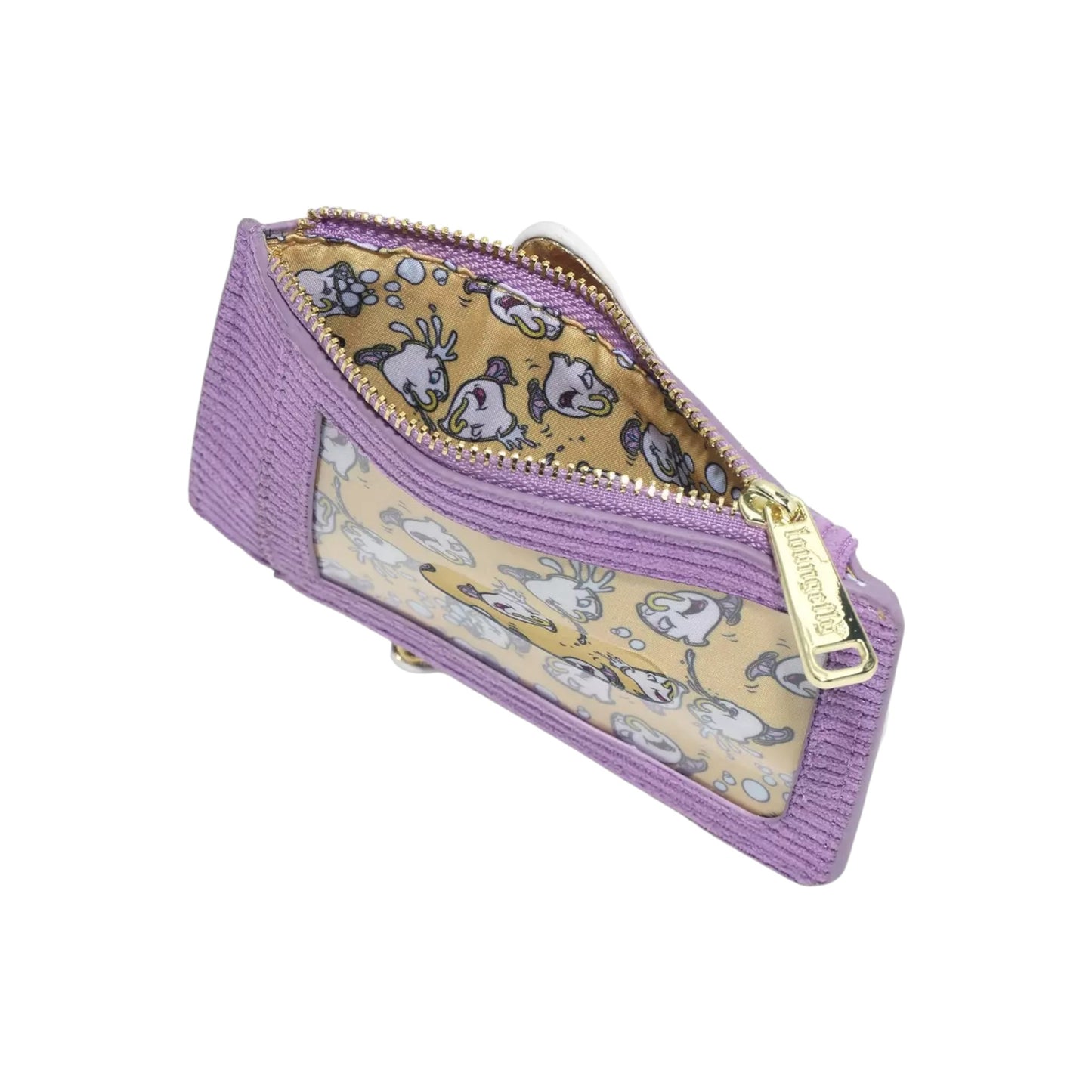 Purple wallet with a gold zipper and Chip character design on a white background