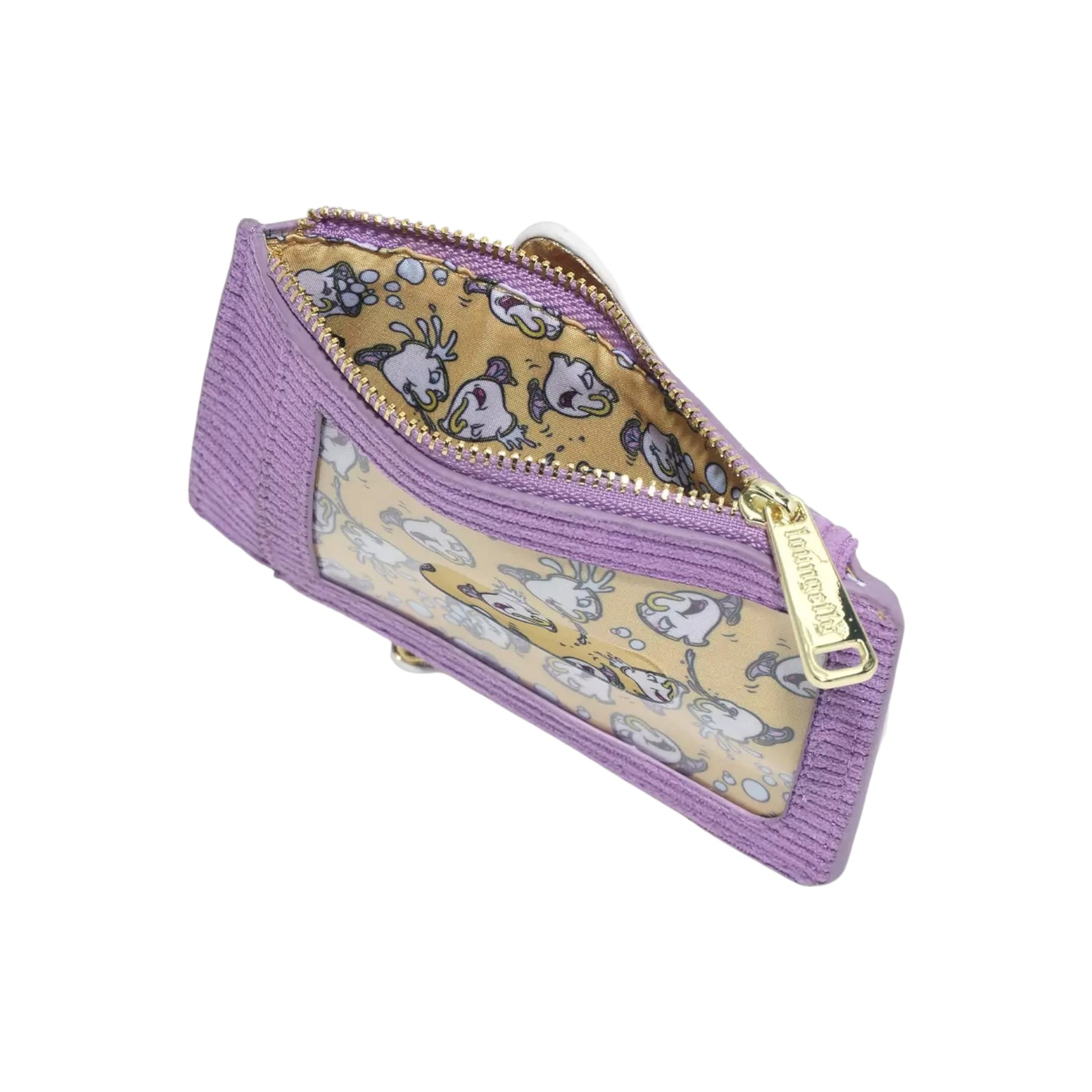 Purple wallet with a gold zipper and Chip character design on a white background