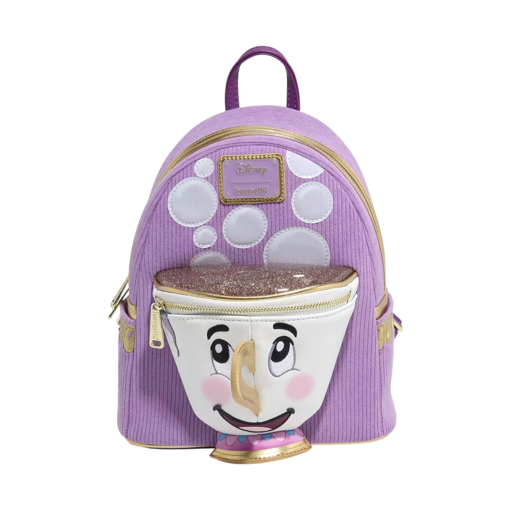 Purple backpack with Chip character design on a white background