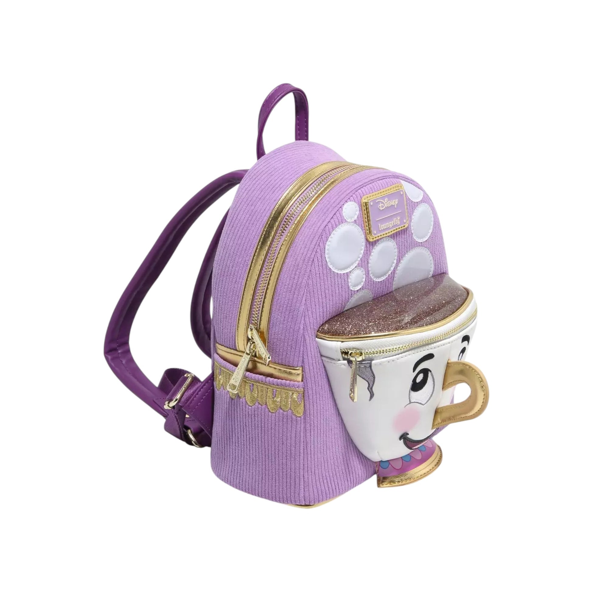 Purple backpack with Chip character design on a white background
