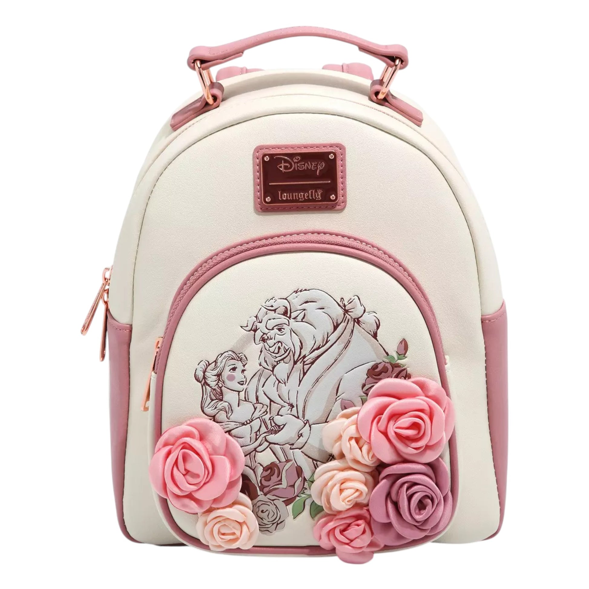 Loungefly Disney Beauty and the Beast Floral Sketched Portrait Mini Backpack with Disney design featuring Belle and the Beast, surrounded by pink roses on a white background.