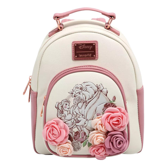 Loungefly Disney Beauty and the Beast Floral Sketched Portrait Mini Backpack with Disney design featuring Belle and the Beast, surrounded by pink roses on a white background.