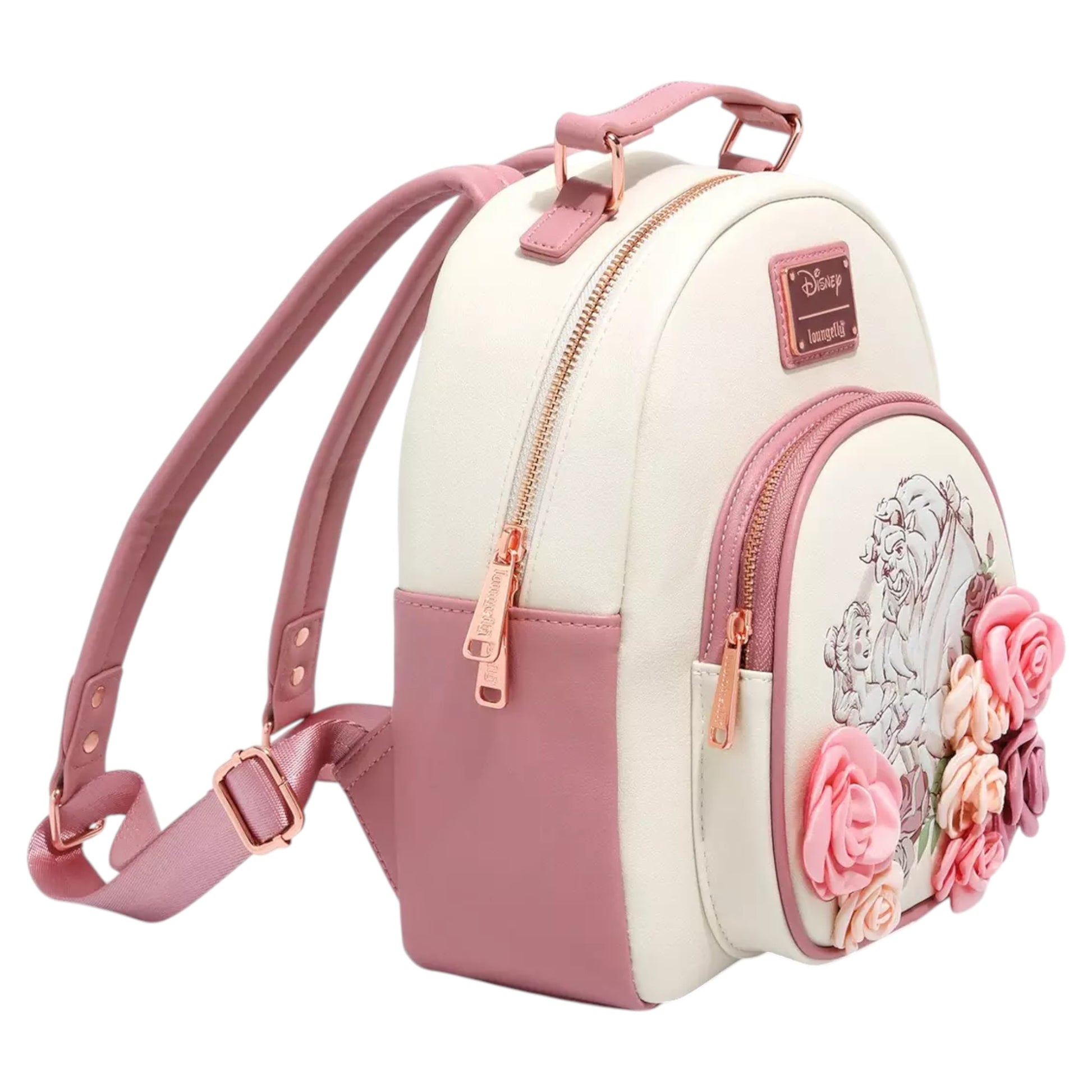 Loungefly Disney Beauty and the Beast Floral Sketched Portrait Mini Backpack with Disney design featuring Belle and the Beast, surrounded by pink roses on a white background.
