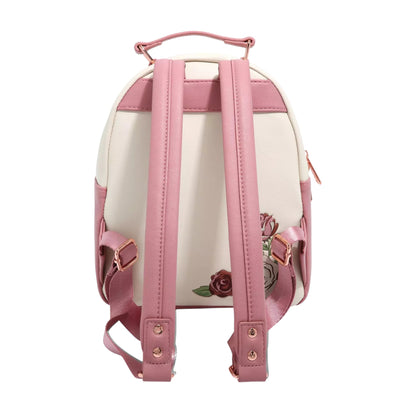 Back of Loungefly Disney Beauty and the Beast Floral Sketched Portrait Mini Backpack with floral design and pink straps on a white background
