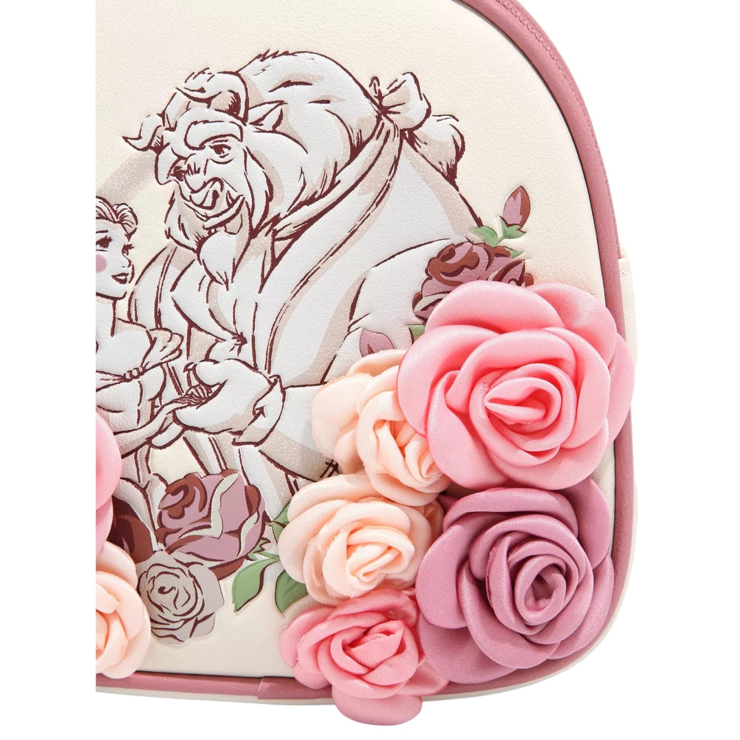 Loungefly Disney Beauty and the Beast Floral Sketched Portrait Mini Backpack with Disney design featuring Belle and the Beast, surrounded by pink roses on a white background.