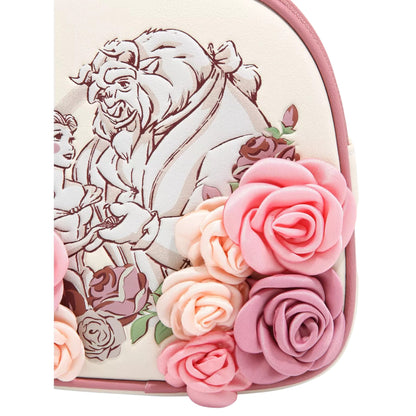 Loungefly Disney Beauty and the Beast Floral Sketched Portrait Mini Backpack with Disney design featuring Belle and the Beast, surrounded by pink roses on a white background.
