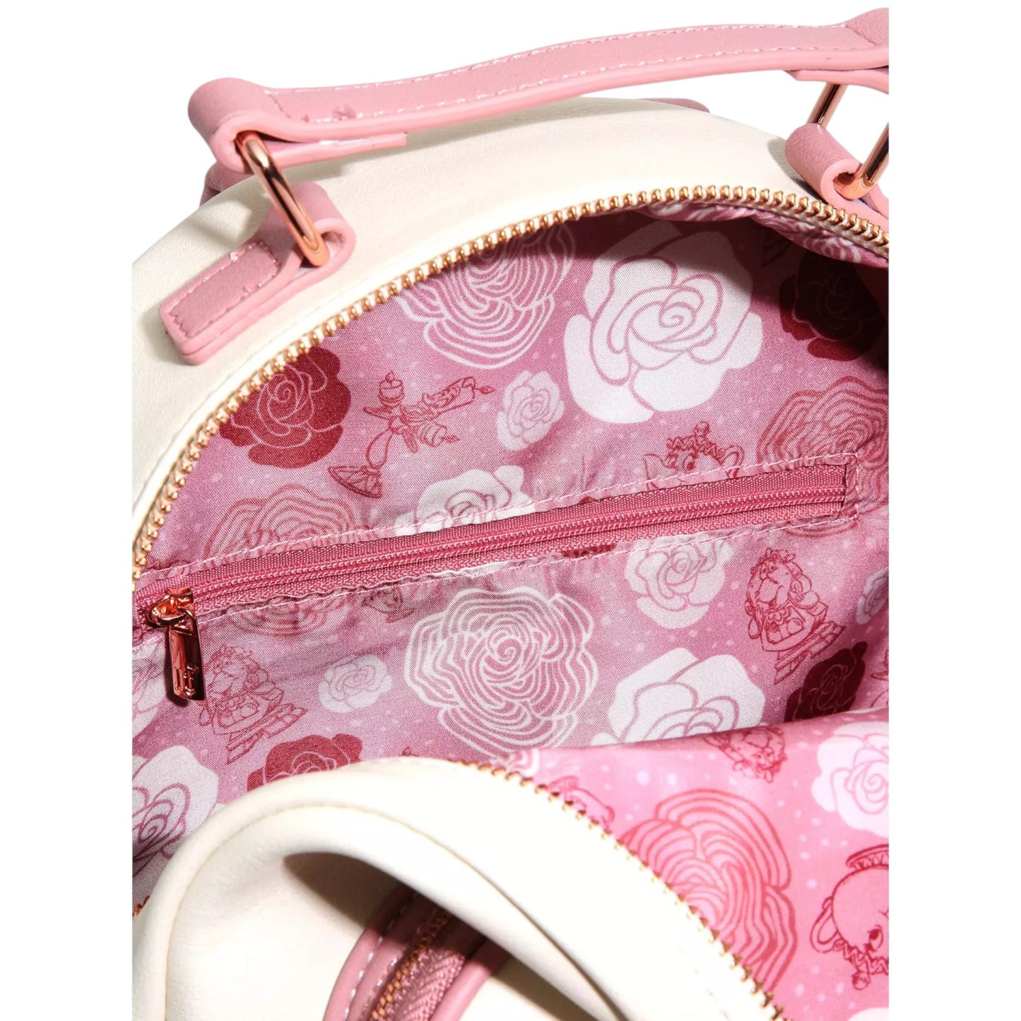 Close-up of Loungefly Disney Beauty and the Beast Floral Sketched Portrait Mini Backpack with pink and white floral patterned bag with a zipper.