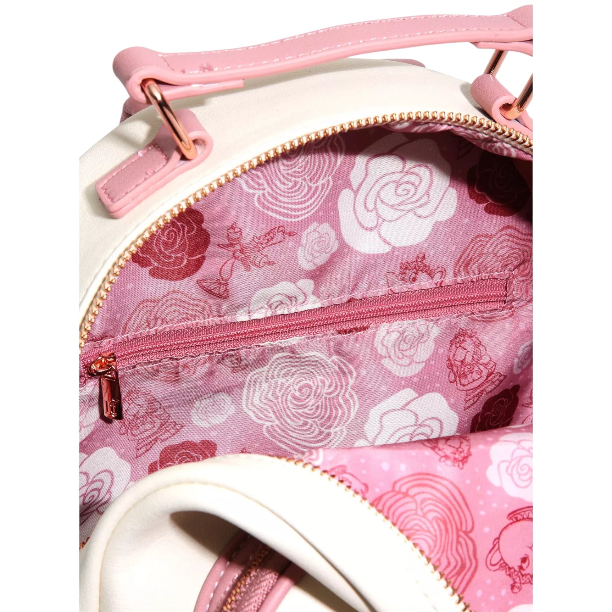 Close-up of Loungefly Disney Beauty and the Beast Floral Sketched Portrait Mini Backpack with pink and white floral patterned bag with a zipper.
