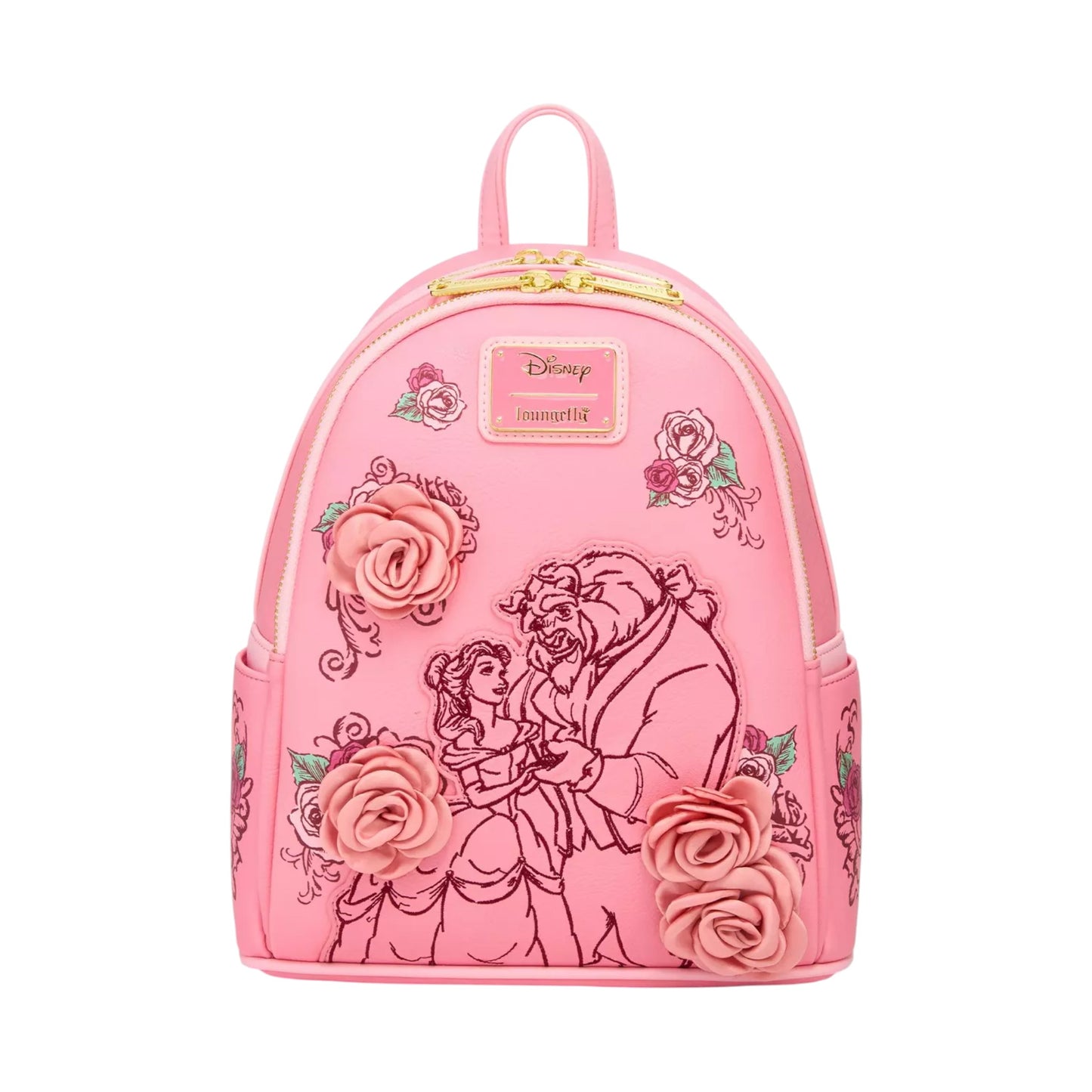 Pink backpack with Disney design featuring Beauty and the Beast characters and pink roses on a white background