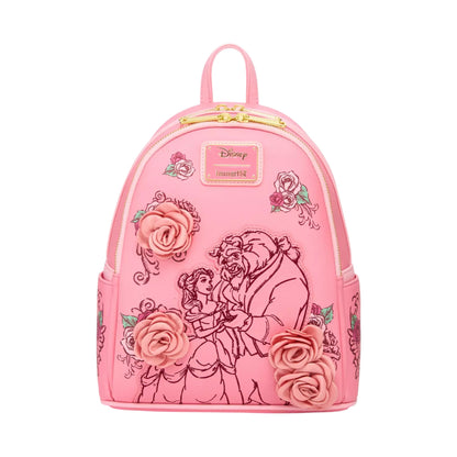 Pink backpack with Disney design featuring Beauty and the Beast characters and pink roses on a white background