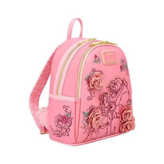 Pink backpack with pink roses and Beauty and the Beast character design on a white background