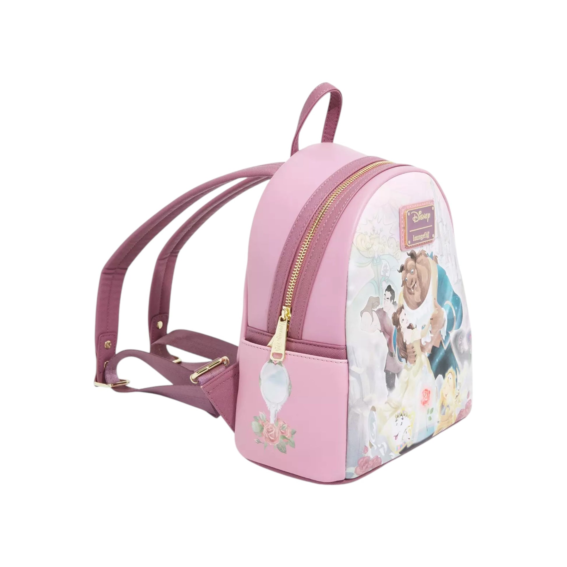 Pink Beauty and the Beast Portrait Mini Backpack with Belle and Beast character design on a white background