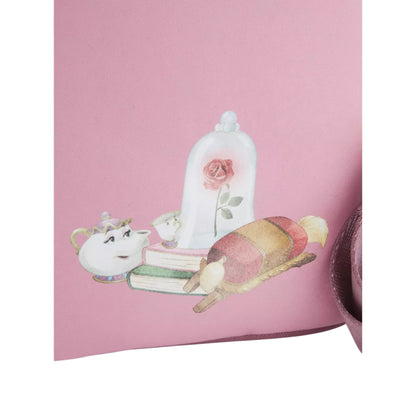 Beauty and the Beast Portrait Mini Backpack with Illustrated character tea set and rose on top of books on a pink background