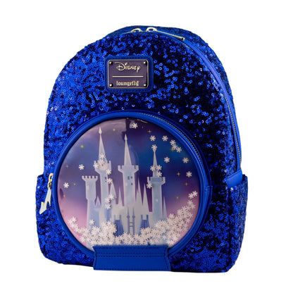 Loungefly Disney Cinderella Castle Snow Globe Sequin Mini Backpack with Cinderella Castle and a silver slipper zipper charm on front on a white background