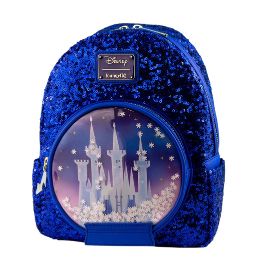 Loungefly Disney Cinderella Castle Snow Globe Sequin Mini Backpack with Cinderella Castle and a silver slipper zipper charm on front on a white background