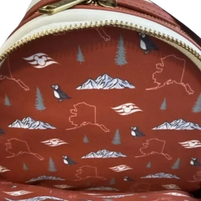 Inside of Loungefly Disney Cruise Line Alaska Minnie Mouse Mini Backpack with nature-themed Alaskan pattern featuring mountains, trees, and animals.