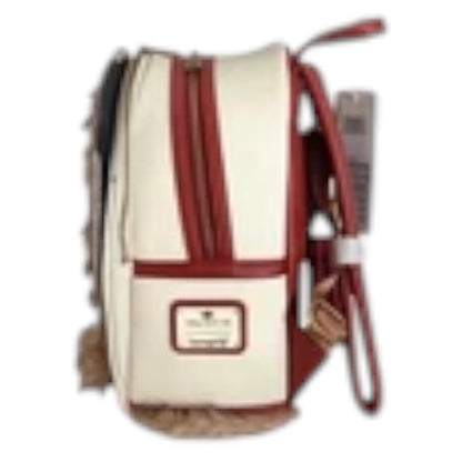 Side of Loungefly Disney Cruise Line Alaska Minnie Mouse Mini Backpack  with red and beige design on a white background