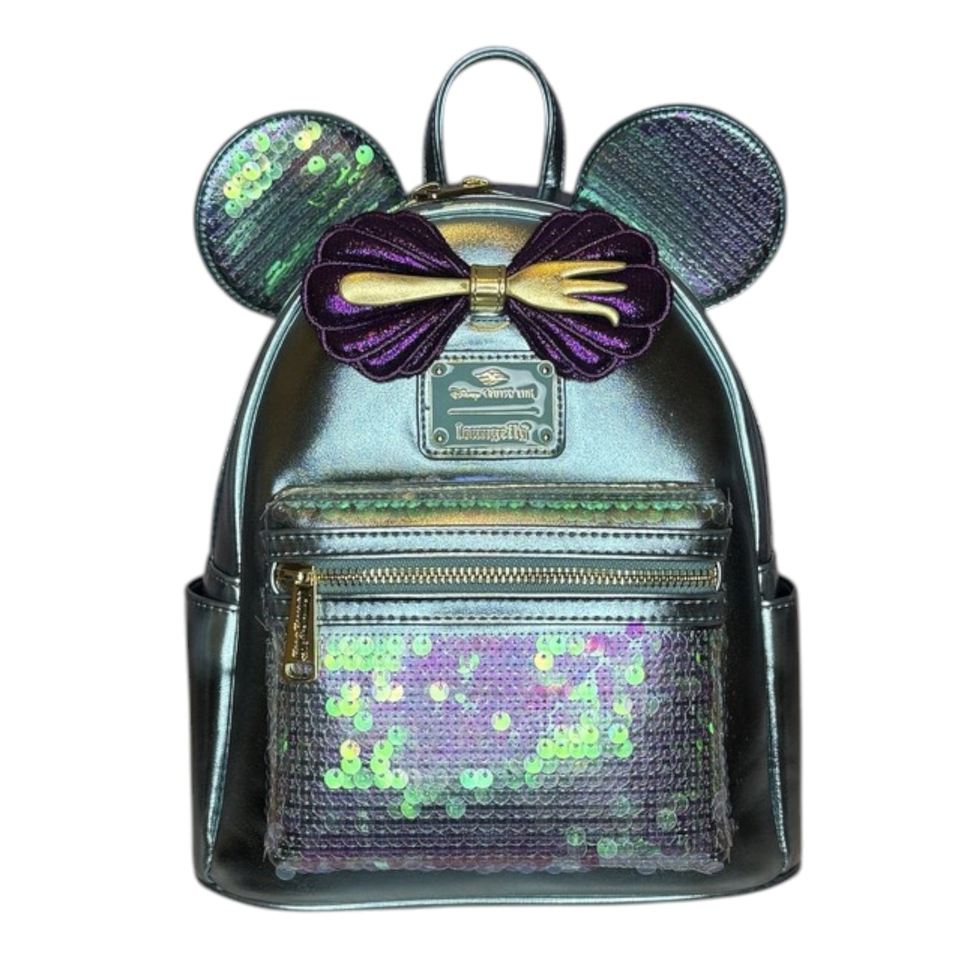 Metallic green and purple Little Mermaid Ariel Sequin backpack with Minnie Mouse ears and bow on a white background
