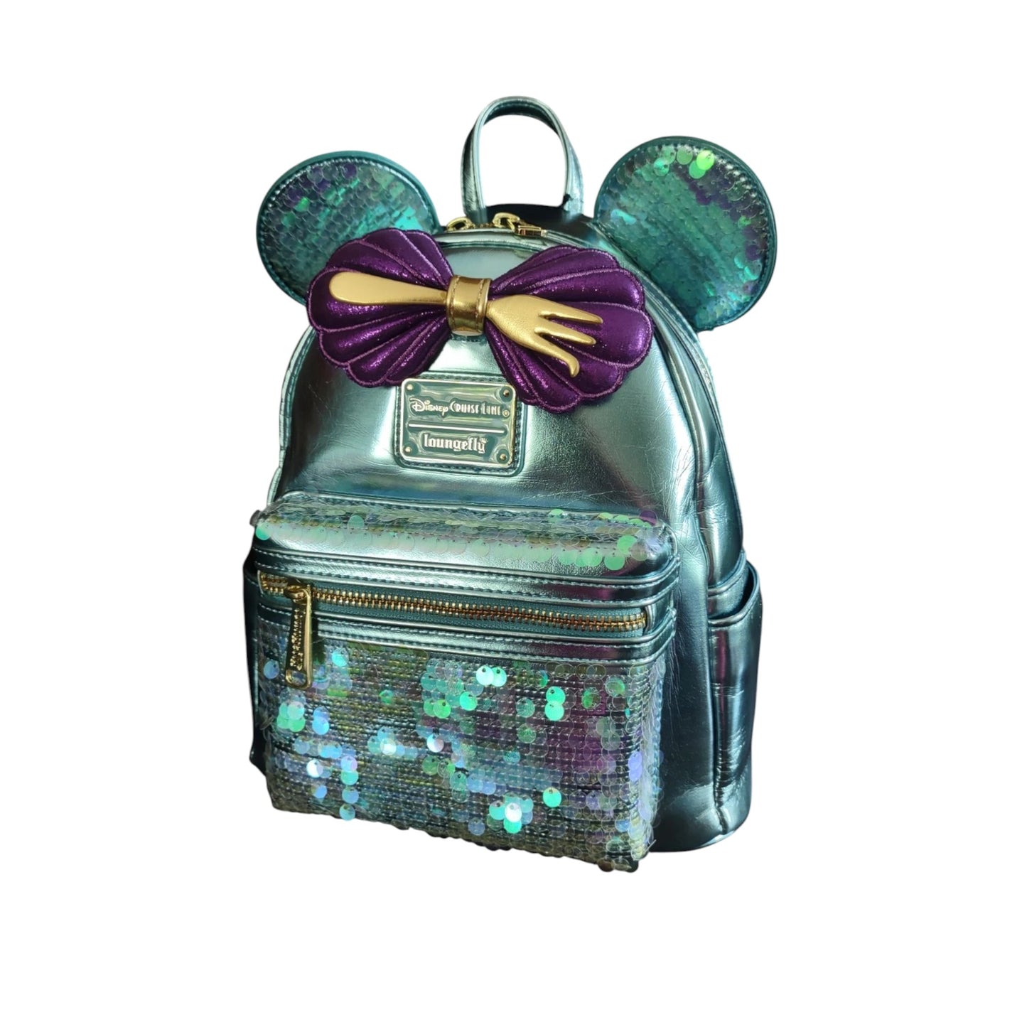 Metallic Little Mermaid Ariel Sequin backpack with mouse ears and a purple bow on a white background