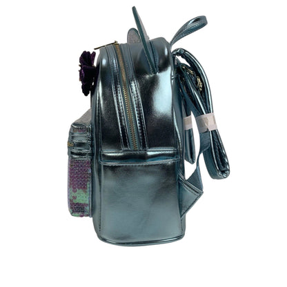 Metallic green and purple Little Mermaid Ariel Sequin backpack with colorful strap on a white background