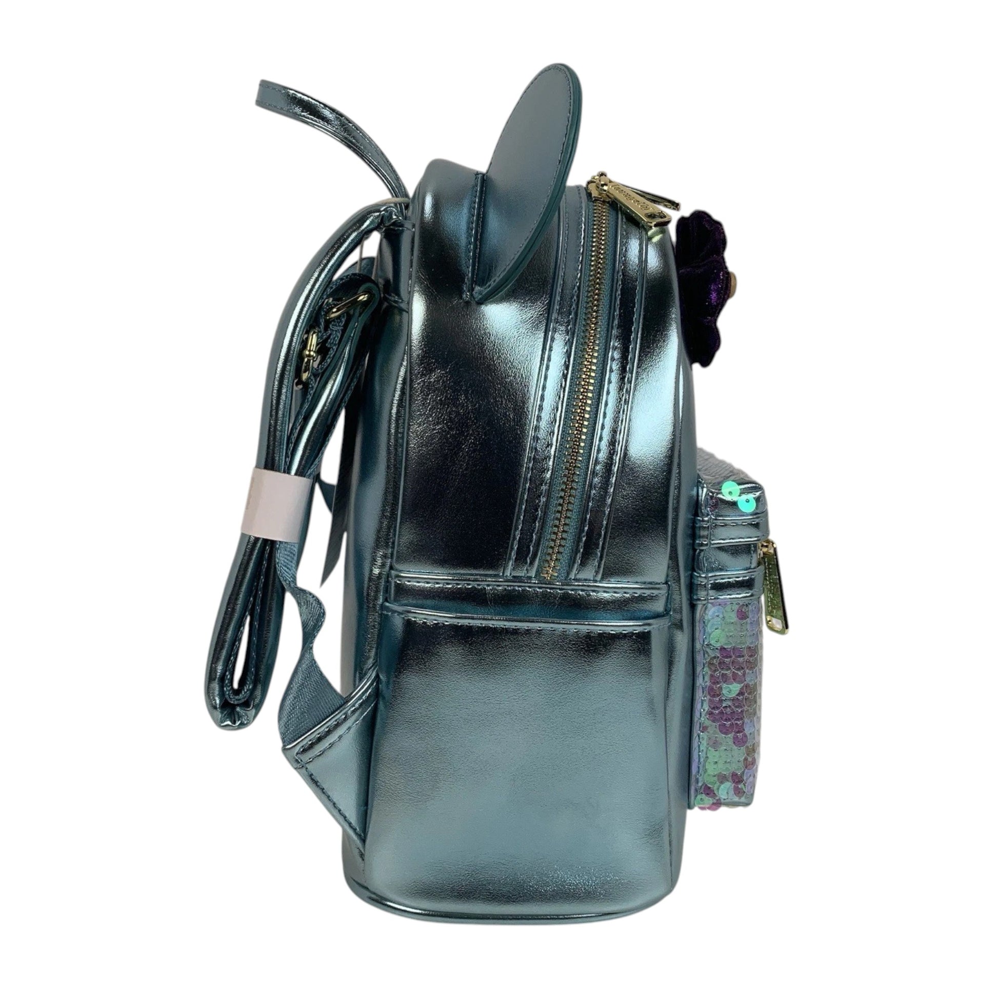 Metallic green and purple Little Mermaid Ariel Sequin backpack with a strap and small pouch on a white background