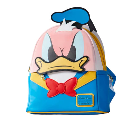 Backpack designed like a Donald Duck Color Changing character with a blue hat and red bow tie on a white background