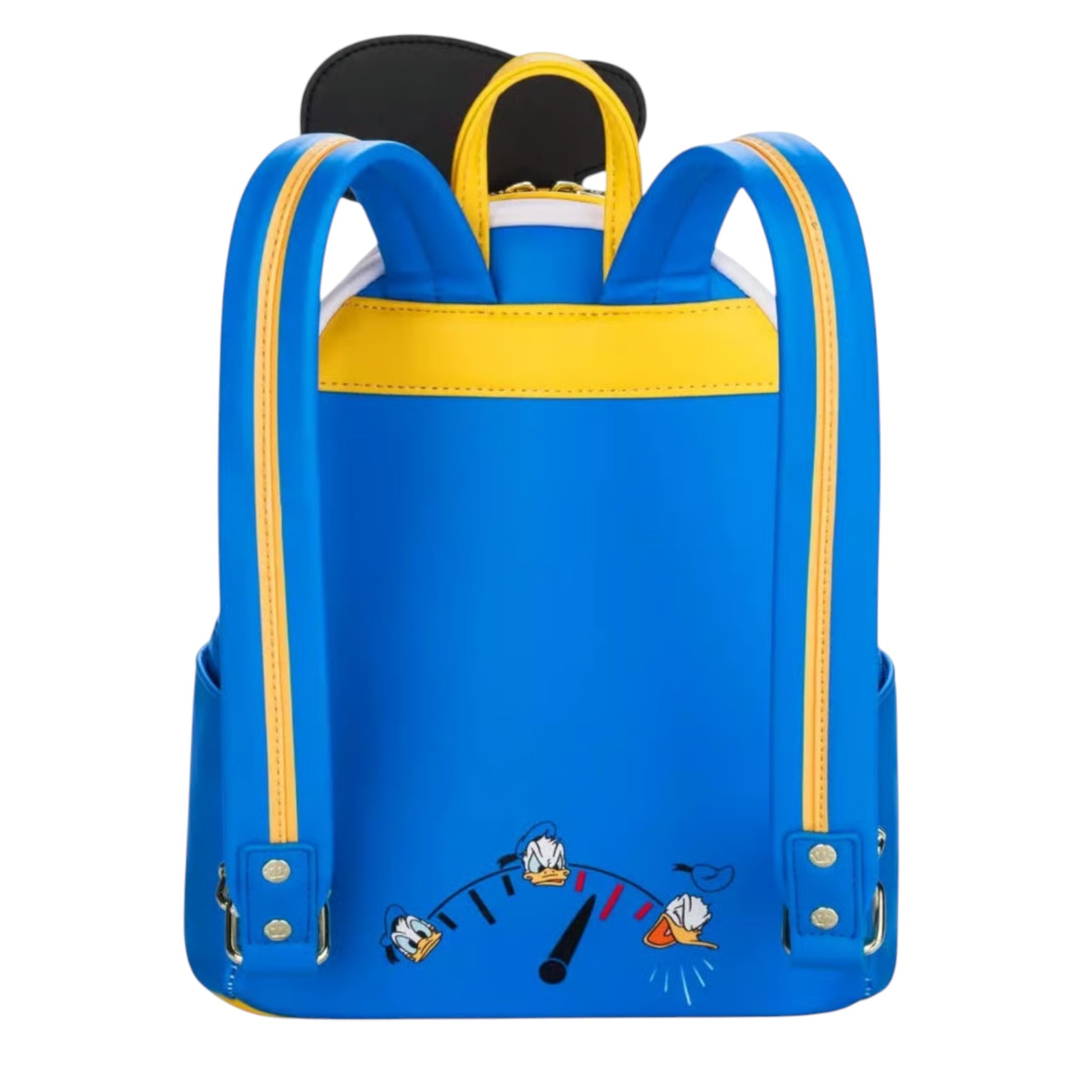 Blue backpack with yellow straps and Donald Duck character design on a white background