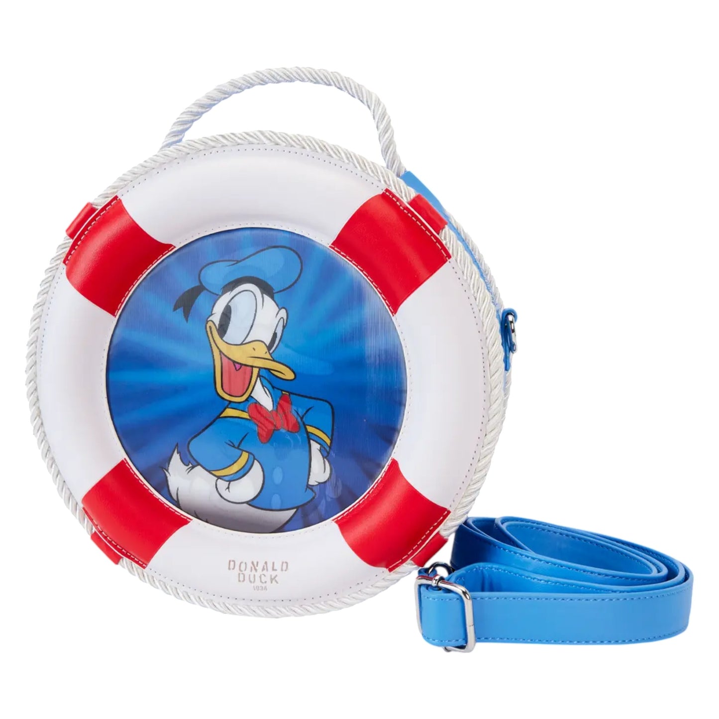 Round Loungefly Disney Donald Duck 90th Anniversary Lenticular Crossbody Bag with Donald Duck design on a white background