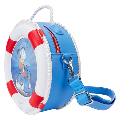 Round Loungefly Disney Donald Duck 90th Anniversary Lenticular Crossbody Bag with Donald Duck design on a white background