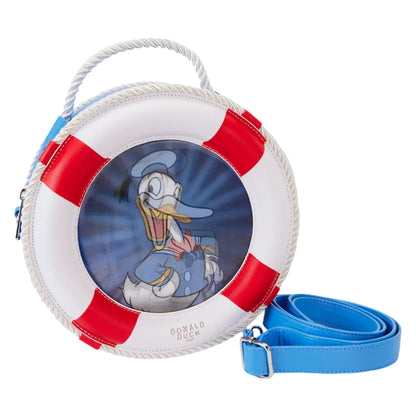 Round Loungefly Disney Donald Duck 90th Anniversary Lenticular Crossbody Bag with Donald Duck design on a white background