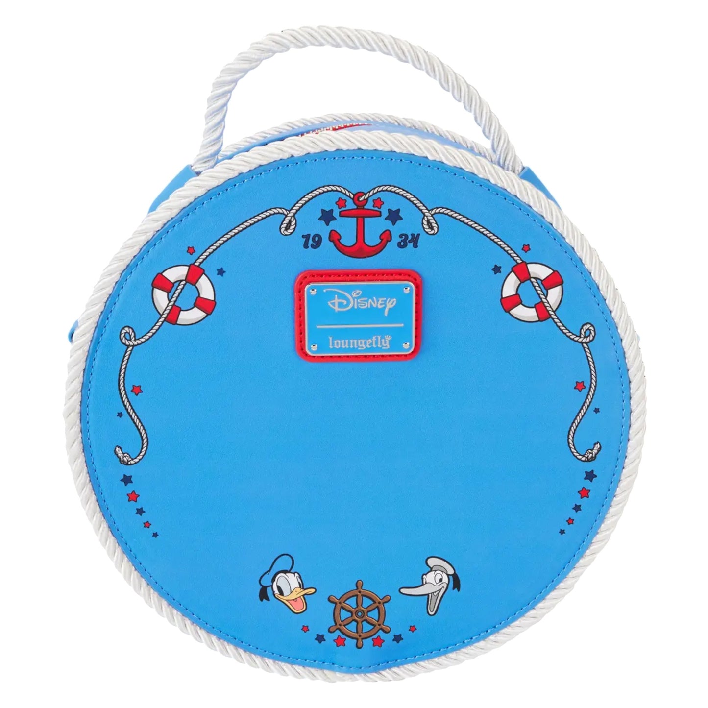 Back of Round Loungefly Disney Donald Duck 90th Anniversary Lenticular Crossbody Bag with Donald Duck designs on a white background 