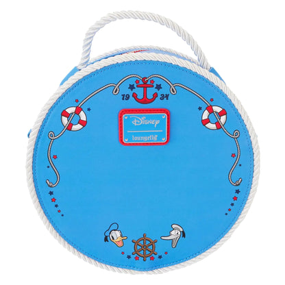 Back of Round Loungefly Disney Donald Duck 90th Anniversary Lenticular Crossbody Bag with Donald Duck designs on a white background 