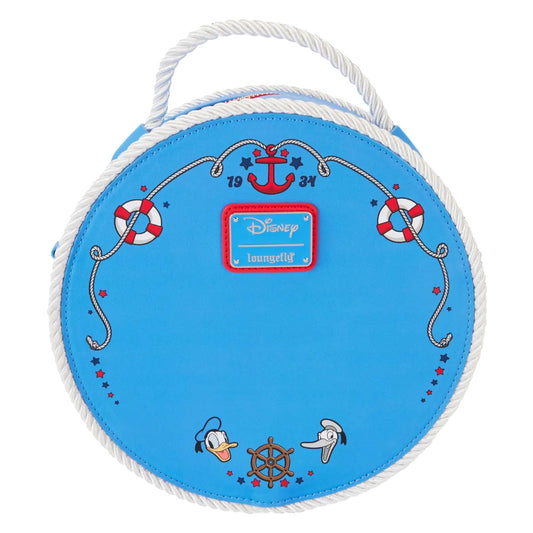 Back of Round Loungefly Disney Donald Duck 90th Anniversary Lenticular Crossbody Bag with Donald Duck designs on a white background 
