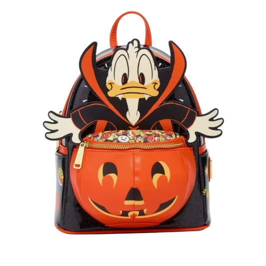 Backpack with a Donald Duck Vampire Costume design featuring a pumpkin and costume elements on a white background