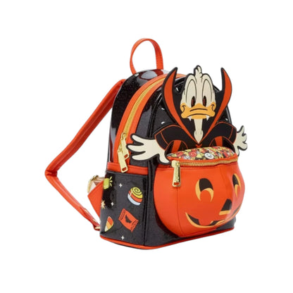 Backpack with Halloween-themed Donald Duck Vampire Costume design featuring a character and pumpkin on a white background