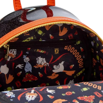 Backpack with Halloween-themed design featuring Donald Duck Vampire Costume characters and spooky elements.