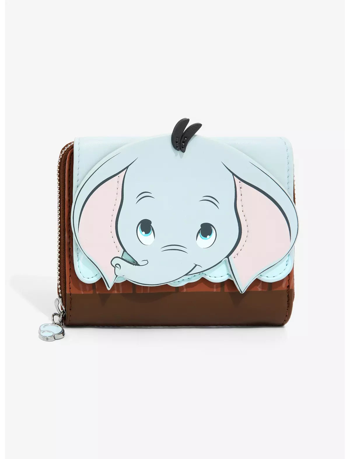 Loungefly Disney Dumbo Bath Small Zip Wallet with Dumbo character face peeking out of a wooden bathtub a white background