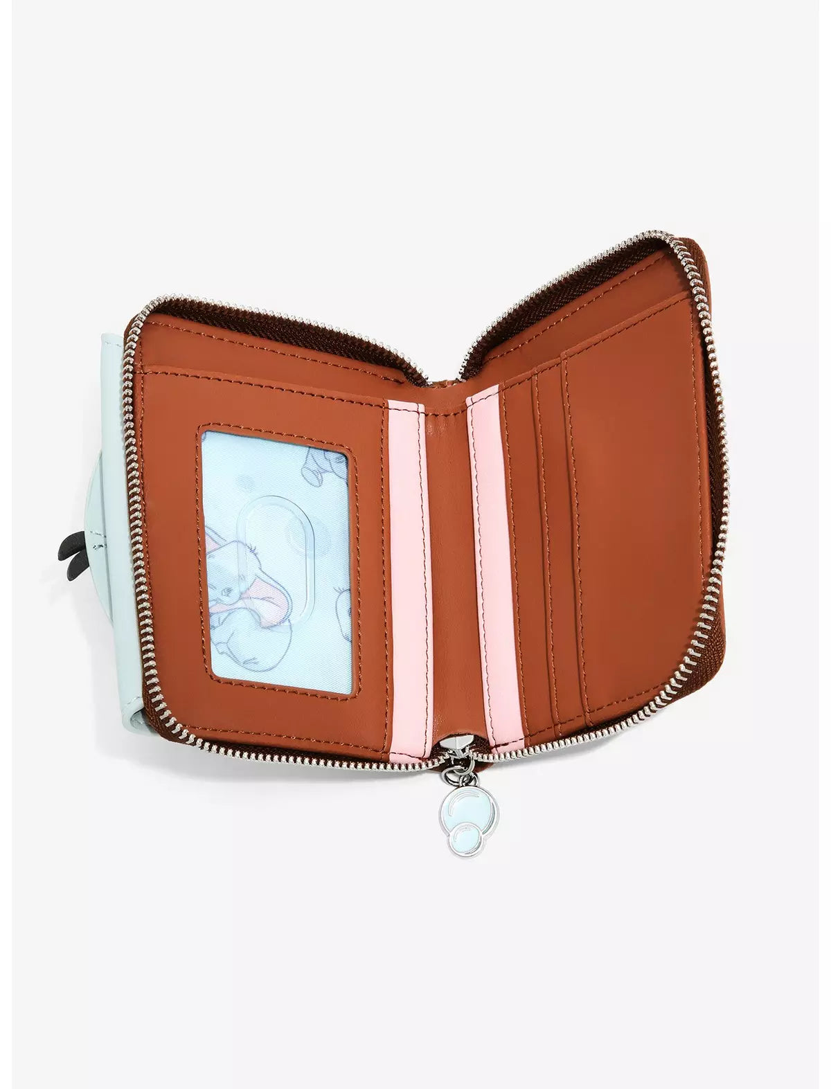 Inside of Loungefly Disney Dumbo Bath Small Zip Wallet with a card window and card holders on a white background