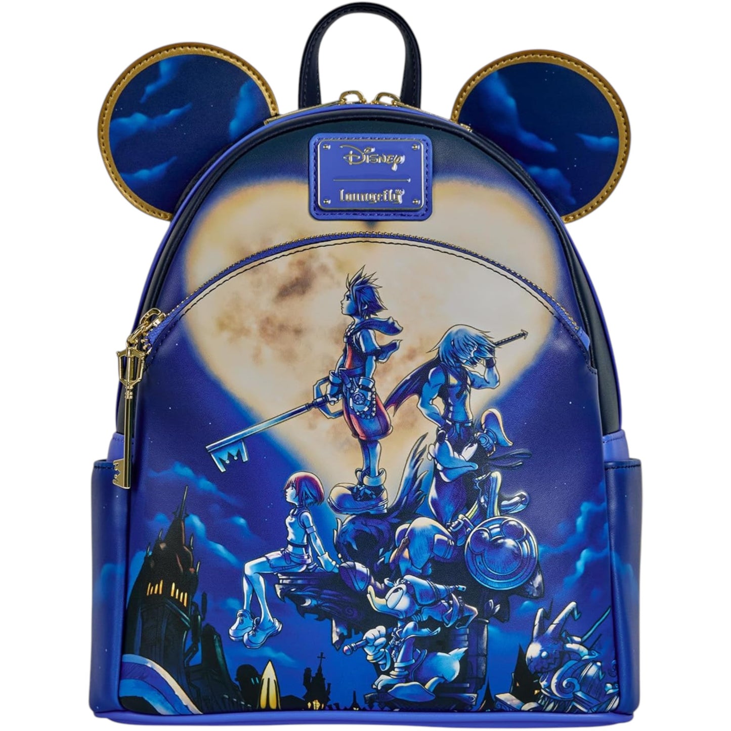 Kingdom Hearts Mickey Mini Backpack with Disney design featuring characters and castle against a moonlit sky.