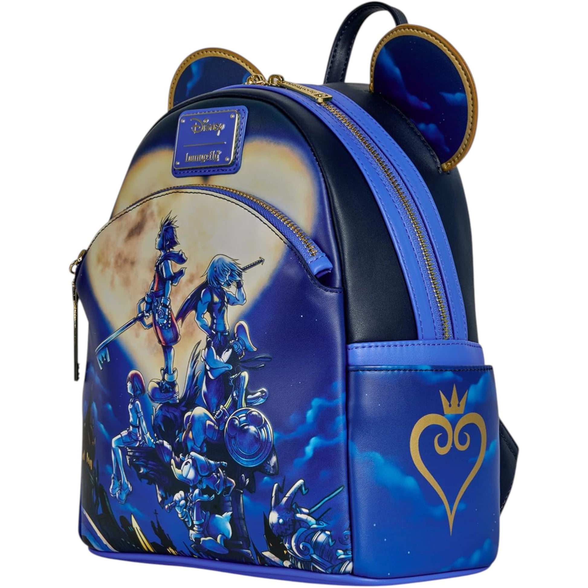 Blue Kingdom Hearts Mickey Mini Backpack with character design and heart logo on a white background