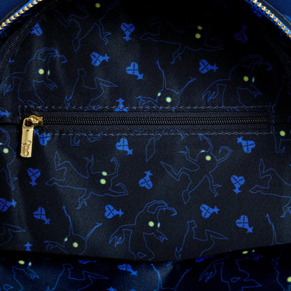 Kingdom Hearts Mickey Mini Backpack with Dark fabric with blue character patterns and gold zipper pull